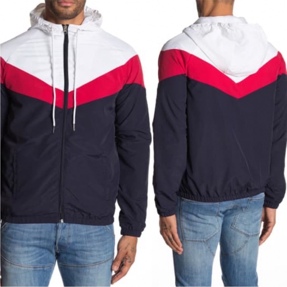 🔵🔴⚪️Hooded Track Jacket windbreaker blue red white Slate & Stone M Like New
